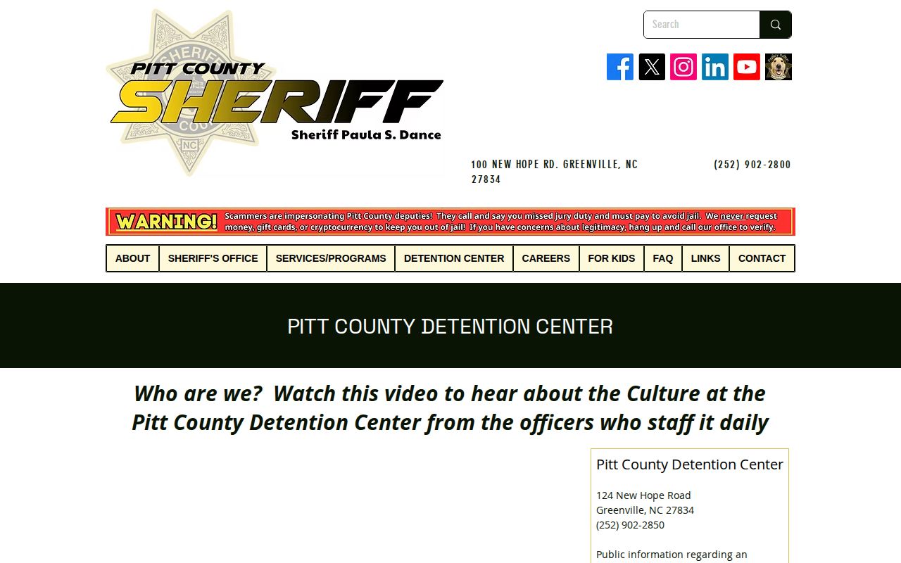 Pitt County Sheriff's Office detention center page that links to the newspaper booking feed